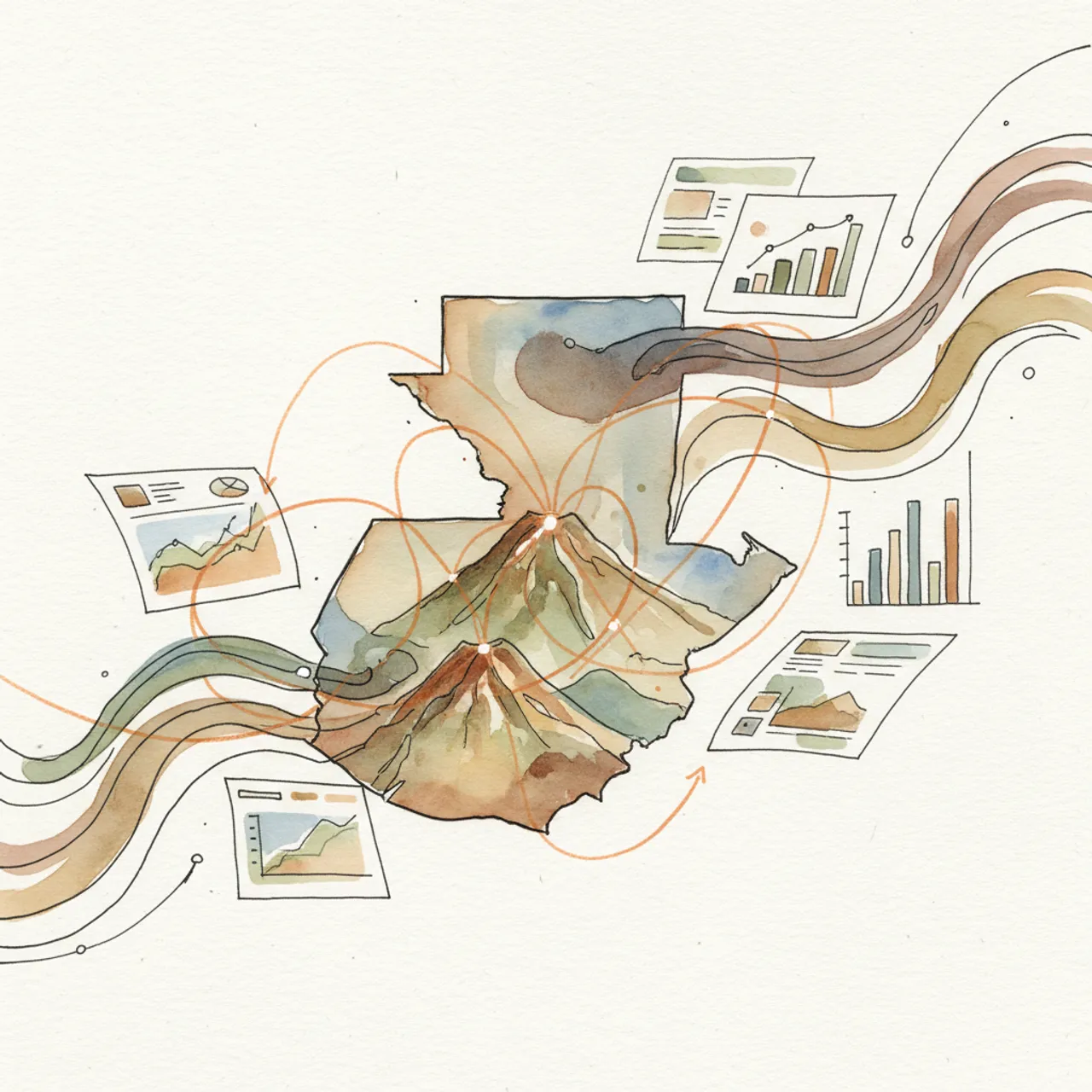 Acuarela: datos y gráficos fluyendo desde el mapa de Guatemala