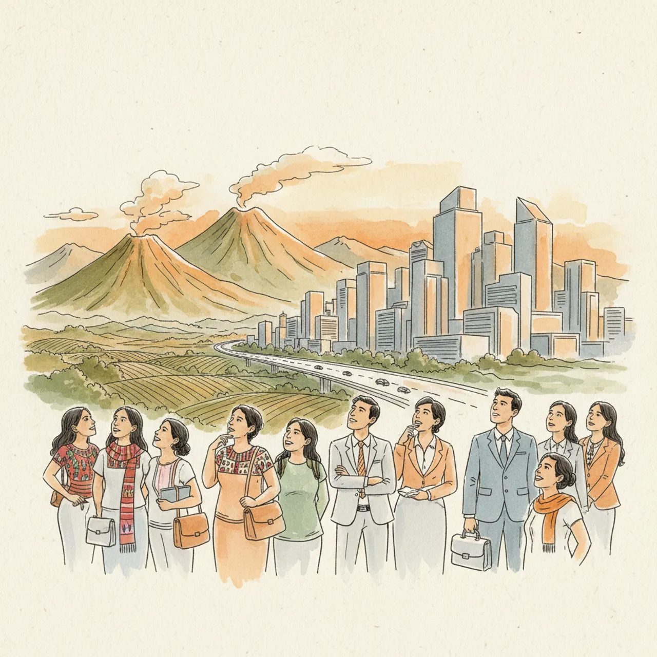 Acuarela de Guatemala: volcanes, ciudad y su gente